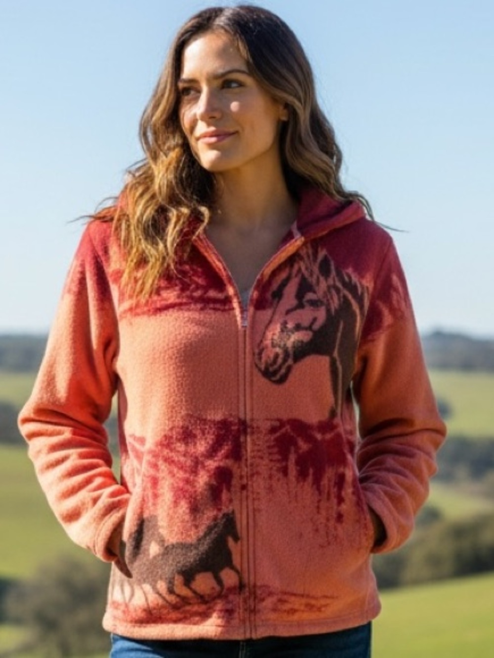 BIT & BRIDLE RED & ORANGE ZIP-UP HOODED FLEECE JACKET OUTDOOR COWBOY RODEO SZ S